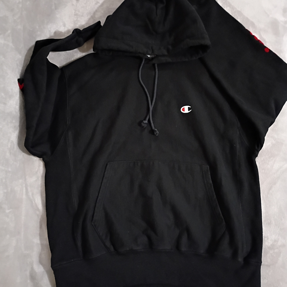 Champion Black Reverse Weave Hoodie Spellout Flocked Sleeves L